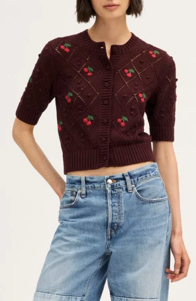 Madewell Embroidered Bauble Cotton Pointelle Stitch Cardigan In Smoked Claret Cherry