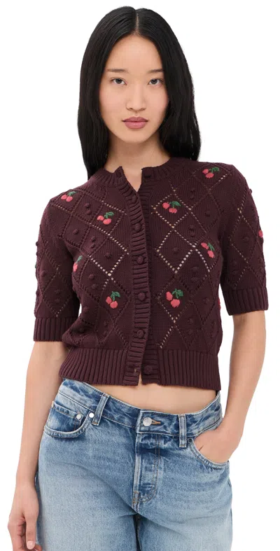 Madewell Embroidered Bauble Pointelle Stitch Cardigan Smoked Claret Cherry In Brown