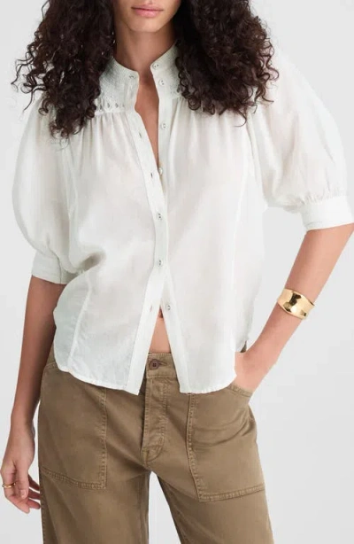Madewell Embroidered Puff Sleeve Band Collar Cotton Shirt In White