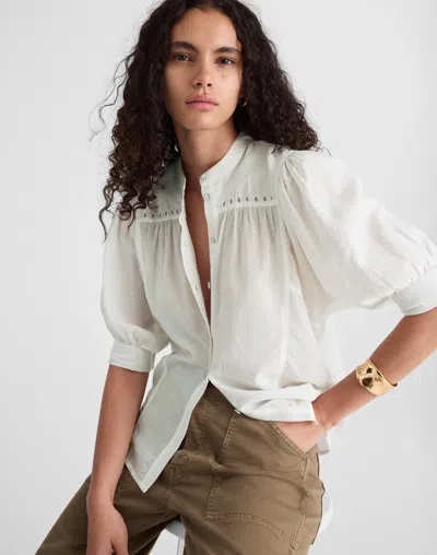 Madewell Embroidered Puff-sleeve Band-collar Shirt In White
