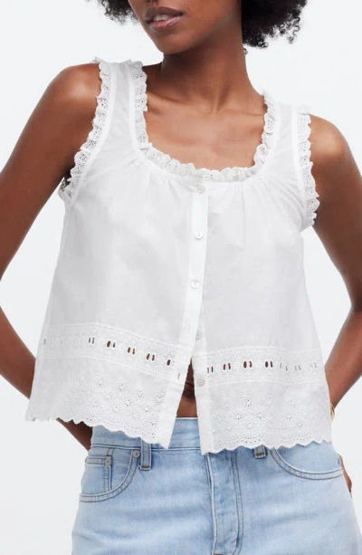 Madewell Embroidered Ruffle Trim Sleeveless Top In Eyelet White