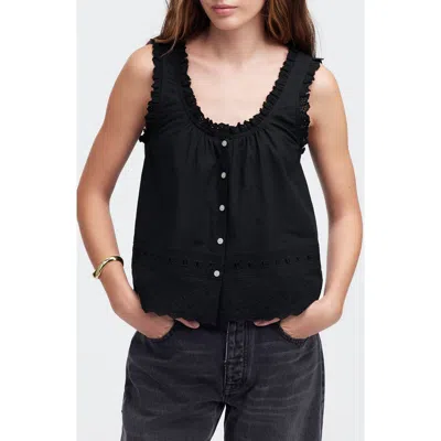 Madewell Embroidered Ruffle Trim Sleeveless Top In Jet Black