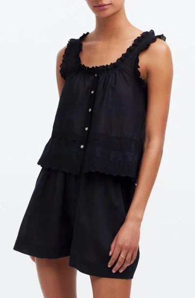 Madewell Embroidered Ruffle Trim Sleeveless Top In True Black