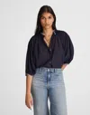 Madewell Embroidered Shirred Button-up Top In Black
