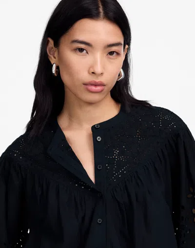 Madewell Embroidered Shirred Henley Top In Black