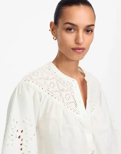 Madewell Embroidered Shirred Henley Top In White
