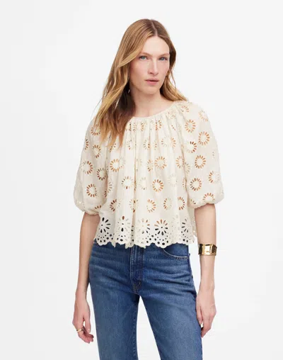 Madewell Embroidered Shirred Puff-sleeve Top