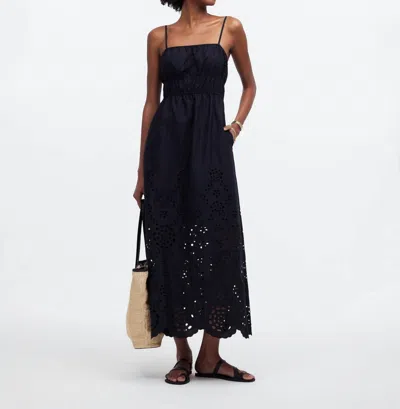 Madewell Embroidered Tank Midi Dress In Black Poplin