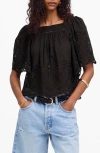 Madewell Eyelet Flutter Sleeve Cotton Blend Top In Black