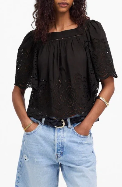 Madewell Eyelet Flutter Sleeve Cotton Blend Top In Black