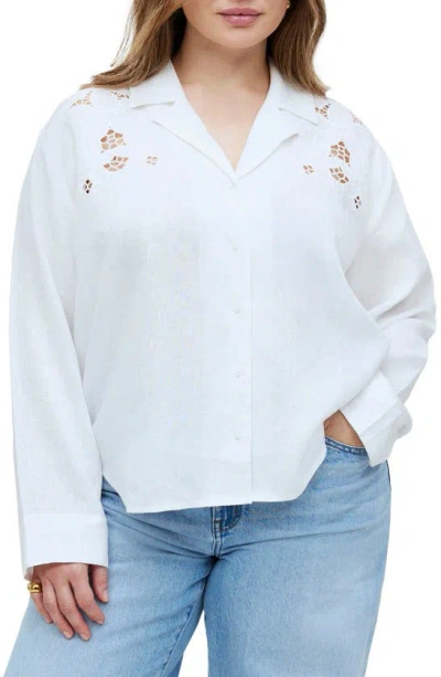 Madewell Eyelet Inset Linen Button-up Shirt In Eyelet White