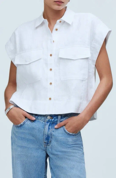 Madewell Flap Pocket Linen Button-up Shirt In Eyelet White