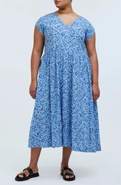 Madewell Floral Button Front Midi Dress In Powder Blue