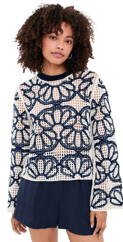 Madewell Floral Embroidered Rhoda Pullover Navy Floral Embroidery In Blue