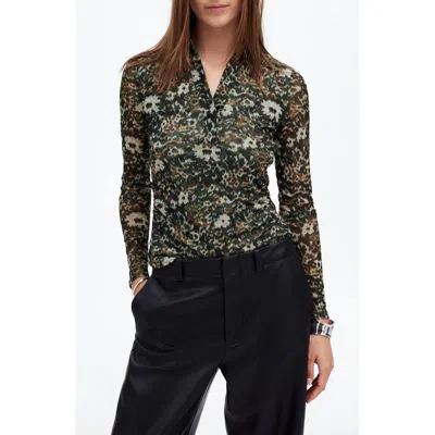 Madewell Floral Long Sleeve Mesh Polo Top In Mossy Umber