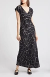 Madewell Floral Print V-neck Cupro Blend Midi Dress In True Black