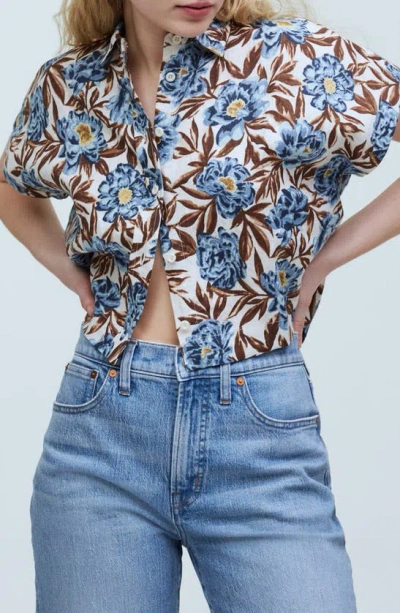 Madewell Floral Short Sleeve Linen Crop Button-up Shirt In Stonewash Blue