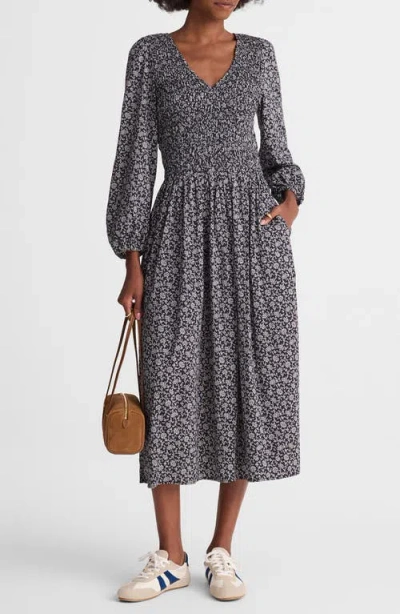 Madewell Floral Smock V-neck Cotton Blend Midi Dress In Blue
