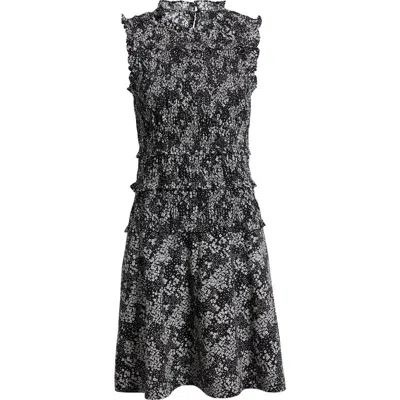 Madewell Floral Smocked Crewneck Minidress In Harper Floral Black White