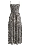 Madewell Floral Smocked Square Neck Midi Sundress In Abstract Leaf Black Ivory