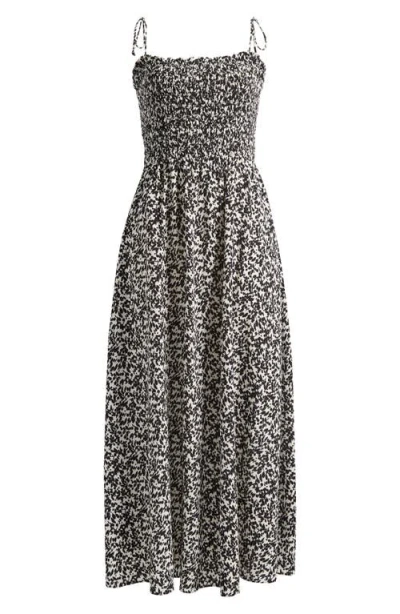 Madewell Floral Smocked Square Neck Midi Sundress In Abstract Leaf Black Ivory