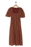 Madewell Harper Floral Print Smocked Cotton Midi Dress In Stained Mahogany