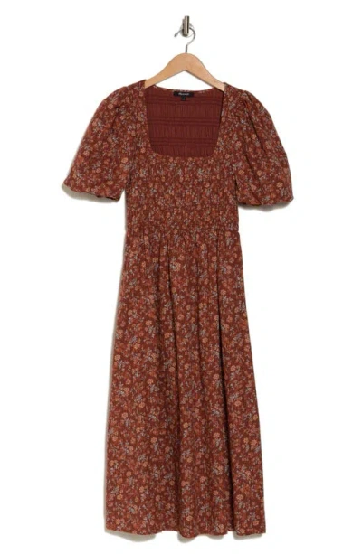 Madewell Harper Floral Print Smocked Cotton Midi Dress In Stained Mahogany