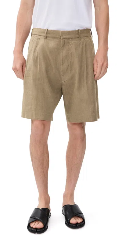 Madewell Herringbone Pleated Linen Shorts Olive In Brown