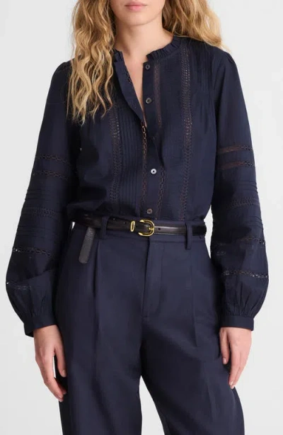 Madewell High Neck Lace Detail Pintuck Cotton Top In Blue