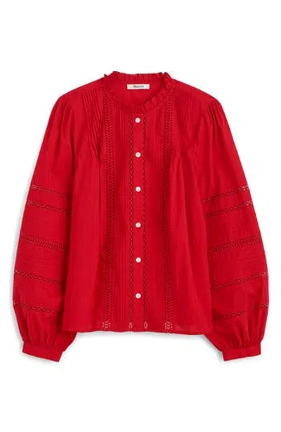 Madewell High Neck Lace Detail Pintuck Cotton Top In Animal Print