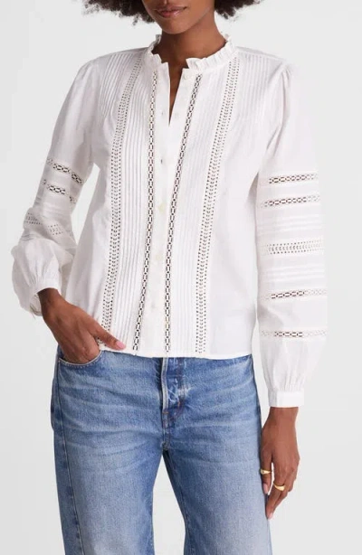 Madewell High Neck Lace Detail Pintuck Cotton Top In White