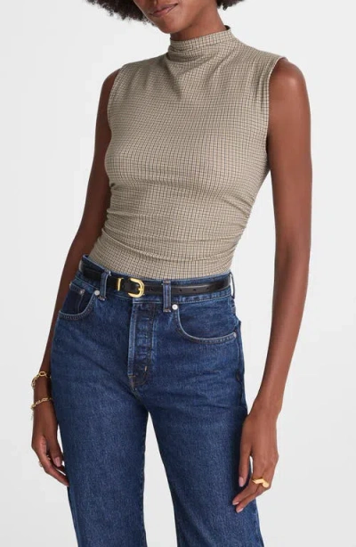 MADEWELL MADEWELL HOUNDSTOOTH RUCHED MOCK NECK SLEEVELESS TOP