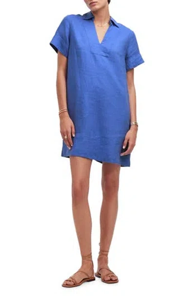 Madewell Johnny Collar V-neck Linen Minidress In Blue Star