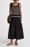 Madewell Poplin Crocheted Knit Midi Dress Jet Black And White Combo In Multi