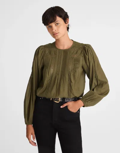 Madewell Lace-insert Pintucked Long-sleeve Top In Green