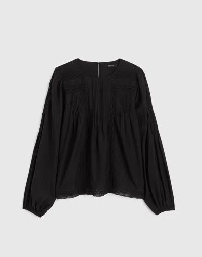 Madewell Lace-insert Pintucked Long-sleeve Top In Black
