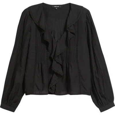 Madewell Lace-insert Ruffled Pintuck Long-sleeve Top In Black