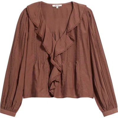 Madewell Lace Insert Ruffle Pintuck Long Sleeve Top In Brown