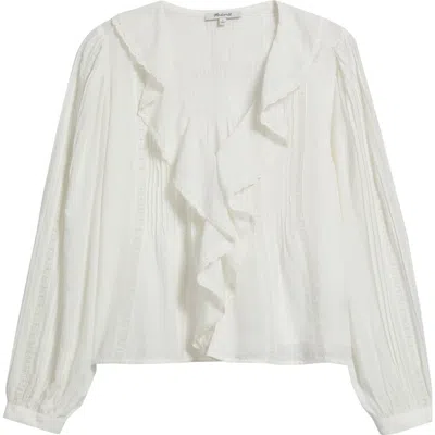 Madewell Lace Insert Ruffle Pintuck Long Sleeve Top In White
