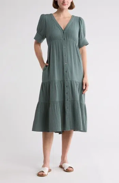 Madewell Lightspun Tiered Button Front Midi Dress