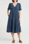 Madewell Lightspun Tiered Button Front Midi Dress