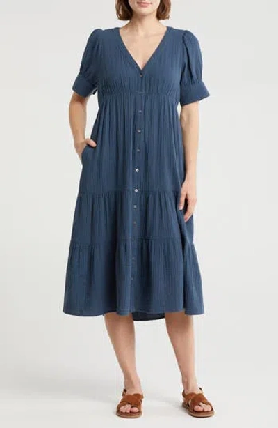 Madewell Lightspun Tiered Button Front Midi Dress