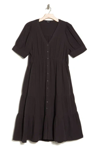 Madewell Lightspun Tiered Button Front Midi Dress In Black Coal