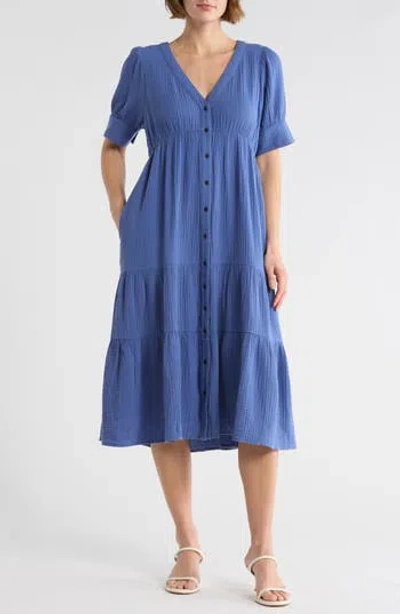 Madewell Lightspun Tiered Button Front Midi Dress In Blue