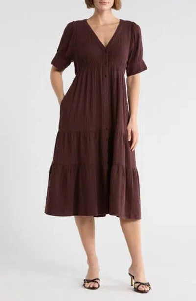 Madewell Lightspun Tiered Button Front Midi Dress In Burgundy