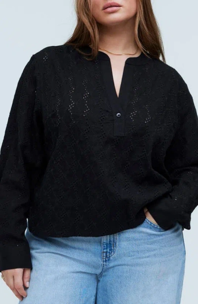 Madewell Long Sleeve Eyelet Top In True Black