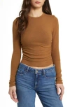 Madewell Long Sleeve Ruched Brushed Jersey Top In Pecan Shell