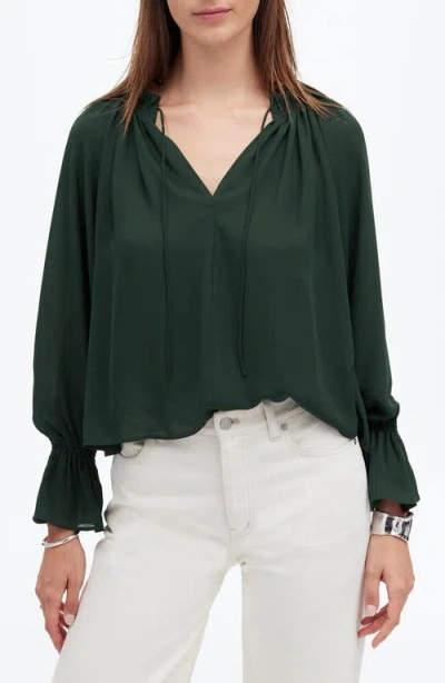 Madewell Long-sleeve Tie-neck Top In Luxury Forest