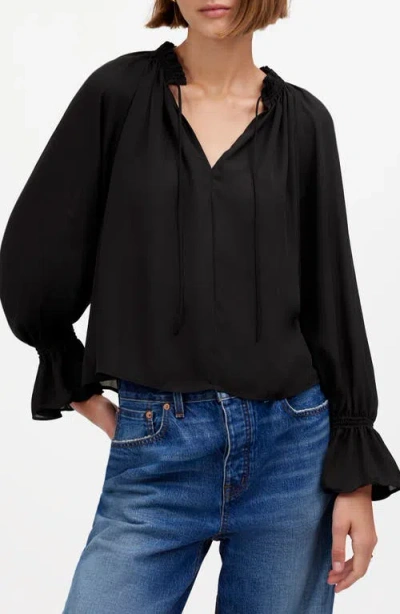 Madewell Long-sleeve Tie-neck Top In True Black
