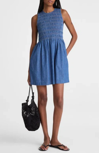 Madewell The Denim Melody Smocked Mini Dress In Animal Print